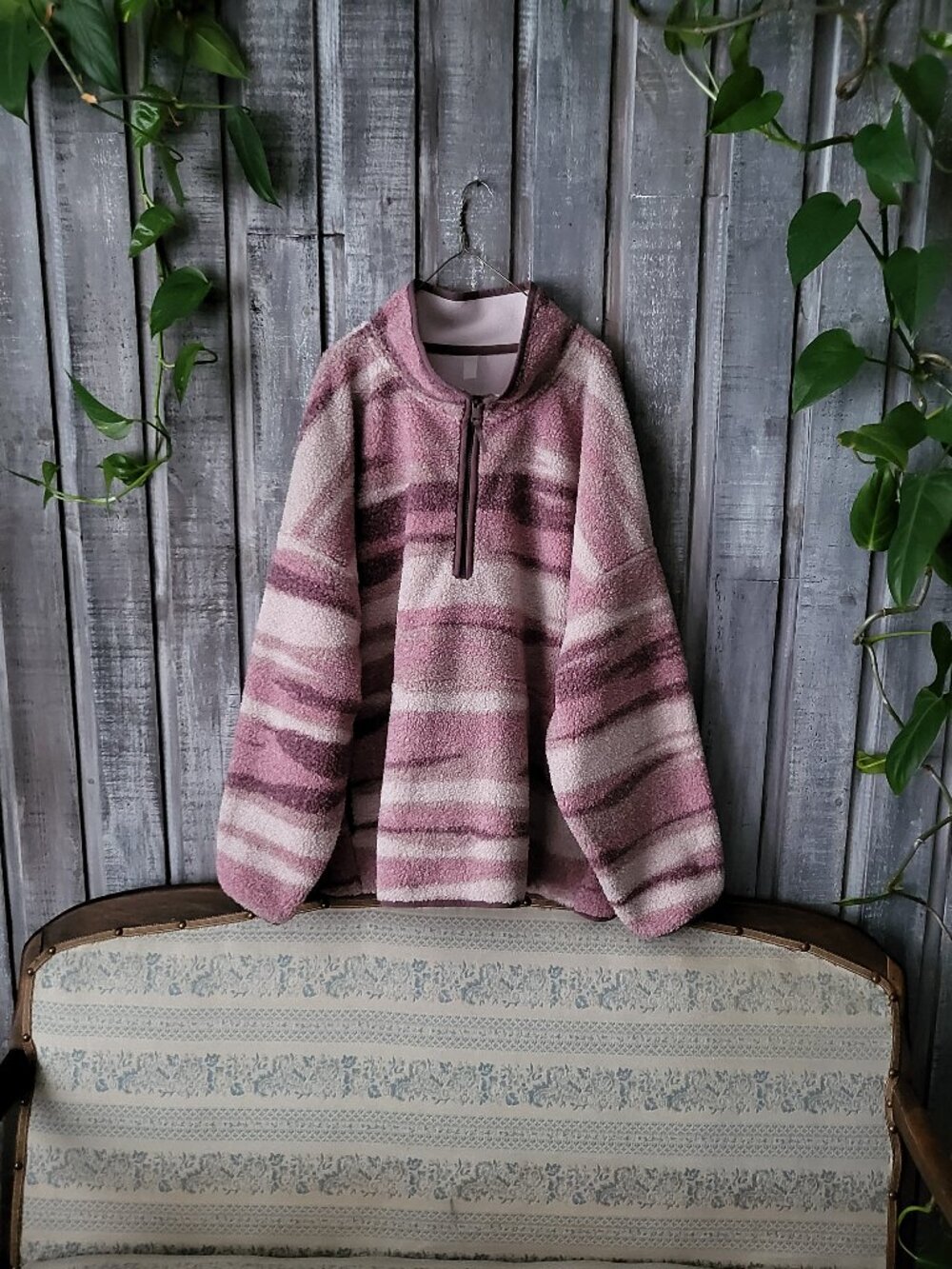 Hyba Sherpa Fleece Quarter Zip Pullover Pockets Mauve Striped Fit Oversized XXL